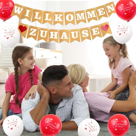 ZESTAW POWITALNY BALONY WILLKOMMEN ZU HAUSE GIRLANDA BIAŁO CZERWONY SZNUREK