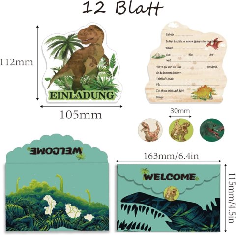 12x ZAPROSZENIA NA URODZINY DINOZAURY KOPERTA KARTKA NAKLEJKI J.NIEMIECKI