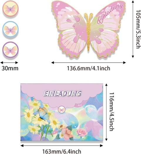 12x ZAPROSZENIA NA URODZINY MOTYLE KOPERTA KARTKA NAKLEJKI J.NIEMIECKI