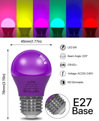 6x ŻARÓWKA LED KOLOROWE E27 G45 5W 450lm FIOLETOWA