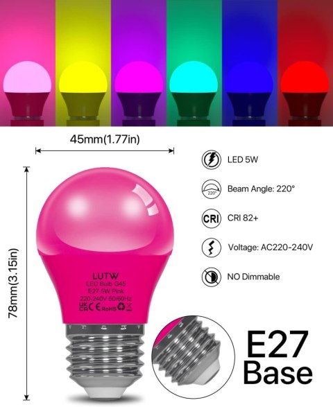 6x ŻARÓWKA LED KOLOROWE E27 G45 5W 450lm RÓŻ ZIELONY NIEBIESKI CZERWONY RGB