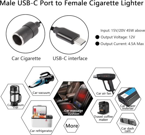 ADAPTER USB C NA 12V GNIAZDO ZAPALNICZKI SAMOCHODOWEJ 30cm