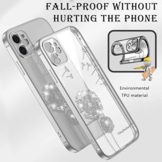 ETUI APPLE IPHONE 12 PRZEZROCZYSTE SREBRNA RAMKA KWIATEK CYRKONIE CASE