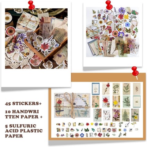 ZESTAW 180 NAKLEJEK SCRAPBOOKING VINTAGE NATURALNY ROŚLINY RETRO WASHI DIY