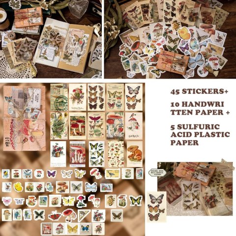 ZESTAW 180 NAKLEJEK SCRAPBOOKING VINTAGE NATURALNY ROŚLINY RETRO WASHI DIY