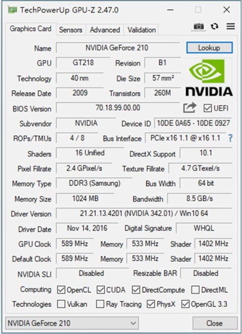 KARTA GRAFICZNA NVIDIA GeForce GT 210 1024MB 1GB DDR3 64BITY HDMI DVI VGA