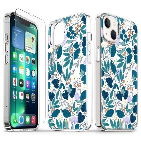 ETUI APPLE IPHONE 13/14 PRZEZROCZYSTY KWIATY LIŚCIE TUCCH SILIKON +SZKŁO