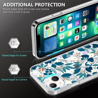 ETUI APPLE IPHONE 13/14 PRZEZROCZYSTY KWIATY LIŚCIE TUCCH SILIKON +SZKŁO