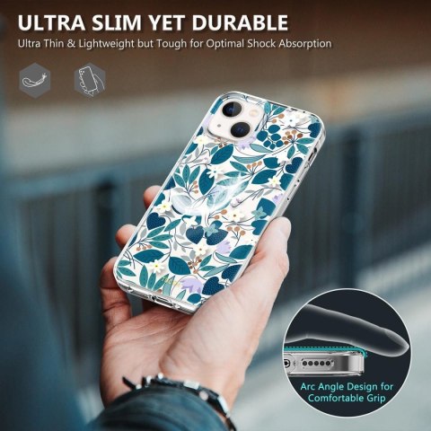 ETUI APPLE IPHONE 13/14 PRZEZROCZYSTY KWIATY LIŚCIE TUCCH SILIKON +SZKŁO