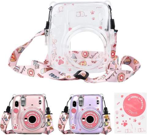 ETUI CASE FUTERAŁ INSTAX Mini 11 BEZBARWNY OCHRONNY +PASEK RÓŻOWY NAKLEJKI