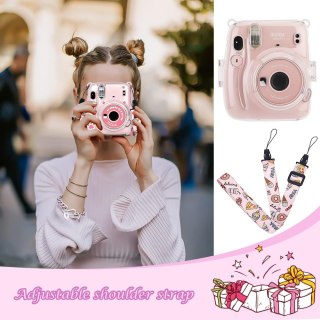 ETUI CASE FUTERAŁ INSTAX Mini 11 BEZBARWNY OCHRONNY +PASEK RÓŻOWY NAKLEJKI