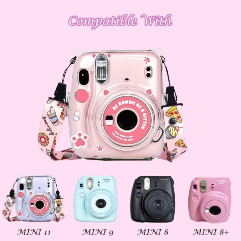 ETUI CASE FUTERAŁ INSTAX Mini 11 BEZBARWNY OCHRONNY +PASEK RÓŻOWY NAKLEJKI