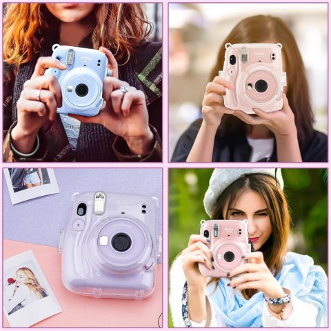 ETUI CASE FUTERAŁ INSTAX Mini 11 BEZBARWNY OCHRONNY +PASEK RÓŻOWY NAKLEJKI