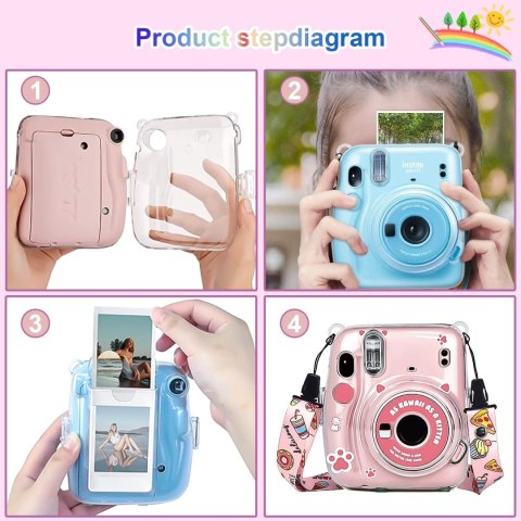 ETUI CASE FUTERAŁ INSTAX Mini 11 BEZBARWNY OCHRONNY +PASEK RÓŻOWY NAKLEJKI