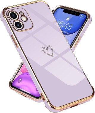 ETUI APPLE IPHONE 11 PRO SILIKONOWE FIOLETOWE PLECKI ZŁOTA RAMKA SERDUSZKO