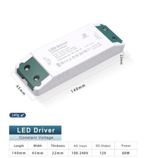 ZASILACZ TRANSFORMATOR LED 230V NA 12V 60W 5A IP44 140x45x27mm