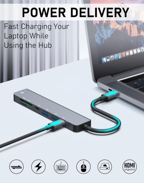 HUB USB-C ADAPTER 7w1 HDMI 4K PD USB-C 2xUSB DATA USB-C KARTA SD TF