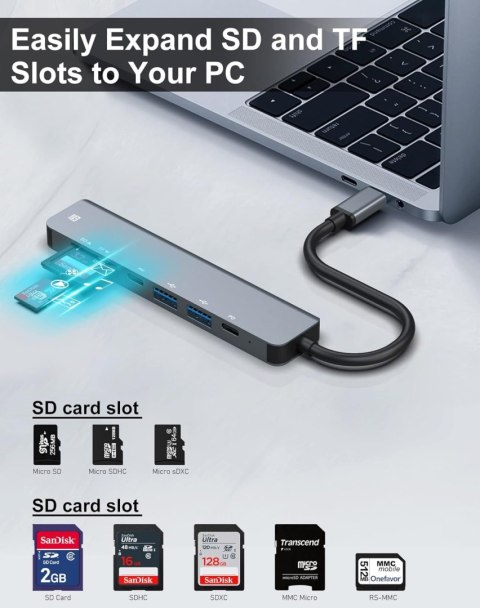 HUB USB-C ADAPTER 7w1 HDMI 4K PD USB-C 2xUSB DATA USB-C KARTA SD TF