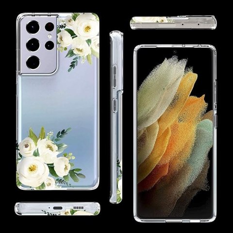 ETUI SILIKONOWE SAMSUNG GALAXY S21 ULTRA BEZBARWNY W BIAŁE KWIATY PIWONIE