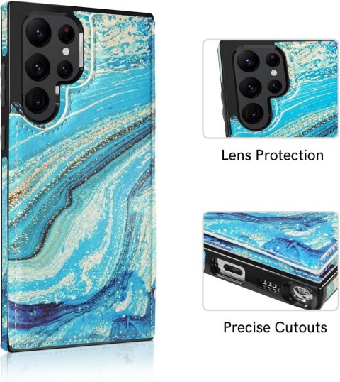 ETUI Z EKOSKÓRY SAMSUNG GALAXY S22 ULTRA CASE Z PORTFELEM NIEBIESKI ZŁOTY