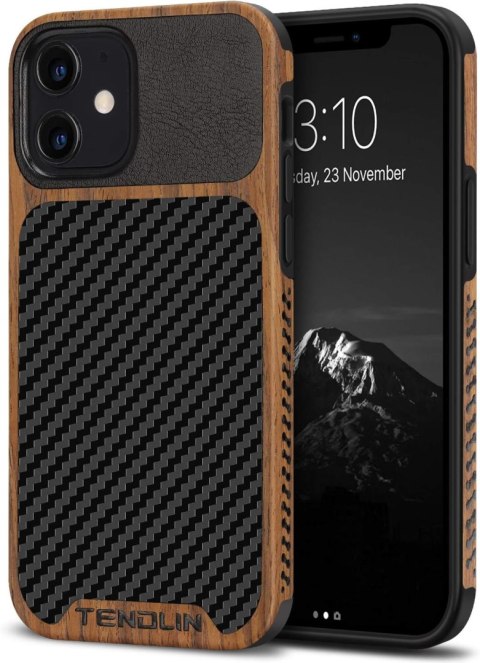 ETUI APPLE IPHONE 12 MINI CASE BRĄZOWY CZARNY DREWNO CARBON+SZKŁO HARTOWANE