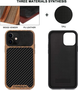 ETUI APPLE IPHONE 12 MINI CASE BRĄZOWY CZARNY DREWNO CARBON+SZKŁO HARTOWANE