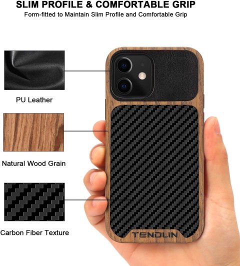 ETUI APPLE IPHONE 12 MINI CASE BRĄZOWY CZARNY DREWNO CARBON+SZKŁO HARTOWANE