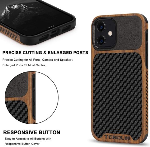 ETUI APPLE IPHONE 12 MINI CASE BRĄZOWY CZARNY DREWNO CARBON+SZKŁO HARTOWANE