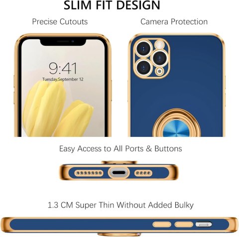 ETUI DO APPLE IPHONE 11 PRO MAX CASE SILIKONOWY NIEBIESKI ZŁOTY +RING