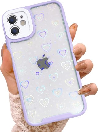 ETUI APPLE IPHONE 11 FIOLETOWA RAMKA PRZEZROCZYSTE PLECKI W HOLO SERDUSZKA