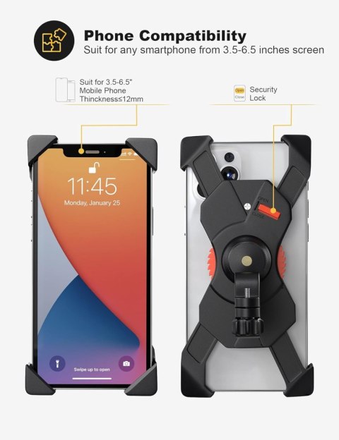 UCHWYT NA TELEFON ROWEROWY MOTOCYKLOWY SMARTFON 3,5-6,5" CZARNY 360°