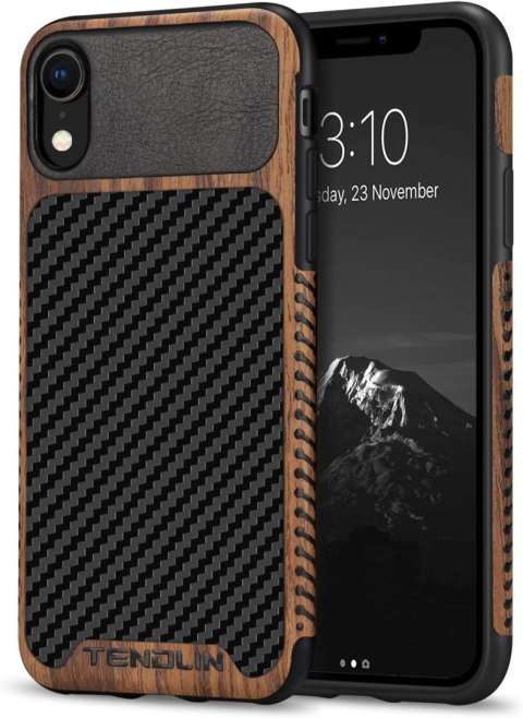 ETUI APPLE IPHONE XR 6.06" CASE DREWNO CARBON EKOSKÓRA +1x SZKŁO HARTOWANE