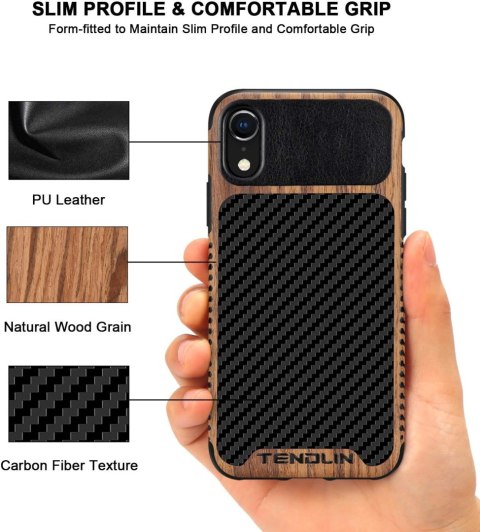 ETUI APPLE IPHONE XR 6.06" CASE DREWNO CARBON EKOSKÓRA +1x SZKŁO HARTOWANE