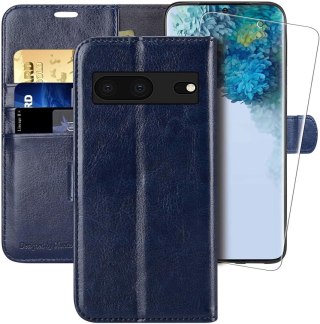 ZESTAW ETUI Z KLAPKĄ GOOGLE PIXEL 7 GRANATOWE Z EKOSKÓRY +1x FOLIA OCHRONNA