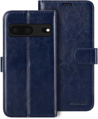 ZESTAW ETUI Z KLAPKĄ GOOGLE PIXEL 7 GRANATOWE Z EKOSKÓRY +1x FOLIA OCHRONNA