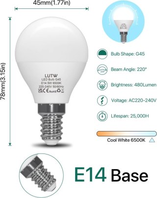 6x ŻARÓWKA LED E14 G45 5W CHŁODNA BIEL 6500K 450lm