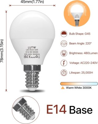 6x ŻARÓWKA LED E14 G45 5W CIEPŁA BIEL 3000K 450lm