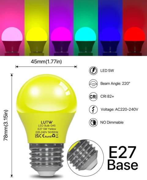 6x ŻARÓWKA LED E27 G45 5W ŻÓŁTA 450lm