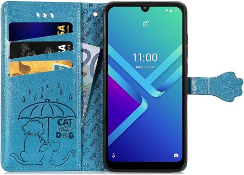 ETUI Z KLAPKĄ WIKO Y82 CASE Z EKOSKÓRY NIEBIESKI PIESKI KOTKI +ZAWIESZKA