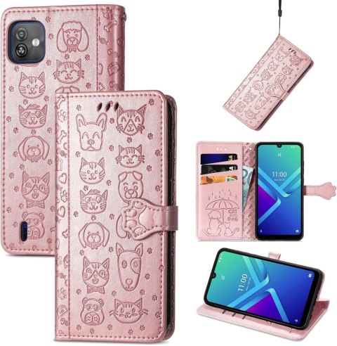 ETUI Z KLAPKĄ WIKO Y82 CASE Z EKOSKÓRY RÓŻOWE ZŁOTO ROSEGOLD PIESKI KOTKI