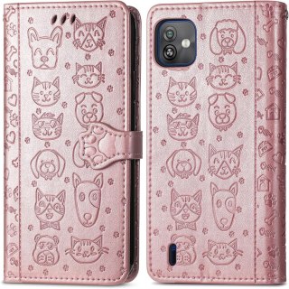 ETUI Z KLAPKĄ WIKO Y82 CASE Z EKOSKÓRY RÓŻOWE ZŁOTO ROSEGOLD PIESKI KOTKI