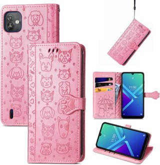 ETUI Z KLAPKĄ WIKO Y82 CASE Z EKOSKÓRY RÓŻOWY KOTKI PIESKI +ZAWIESZKA