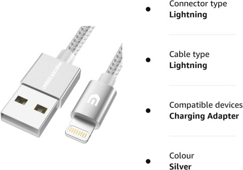 KABEL IPHONE 1m SREBRNY iPhone iPad AIRPODS CERTYFIKAT MFI LIGHTNING