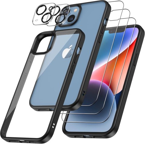 ZESTAW ETUI IPHONE 14 Plus CZARNA RAMKA +3x SZKŁO HARTOWANE OCHRONA APARATU