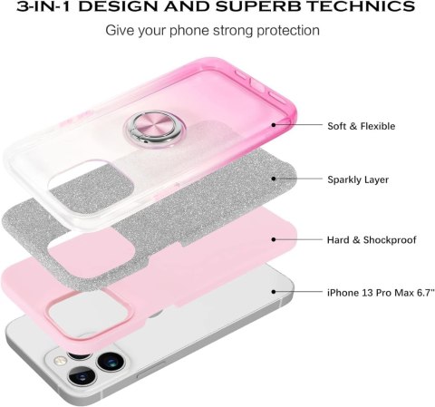 ETUI APPLE IPHONE 13 PRO CASE RÓŻOWY BROKATOWY OMBRE +RING PODSTAWKA A2483