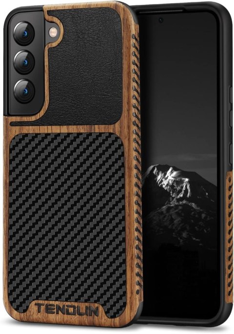 ETUI SAMSUNG GALAXY S22+ CASE BRĄZOWE CZARNE DREWNO EKOSKÓRA CARBON TENDLIN