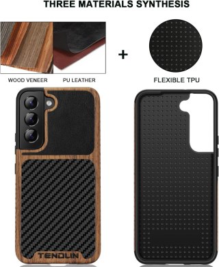 ETUI SAMSUNG GALAXY S22+ CASE BRĄZOWE CZARNE DREWNO EKOSKÓRA CARBON TENDLIN