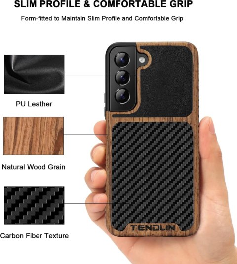 ETUI SAMSUNG GALAXY S22+ CASE BRĄZOWE CZARNE DREWNO EKOSKÓRA CARBON TENDLIN