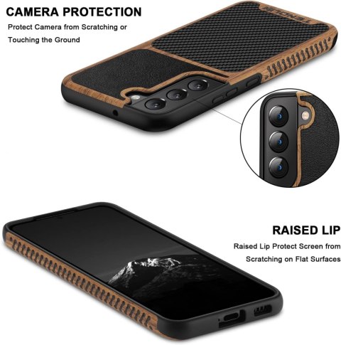 ETUI SAMSUNG GALAXY S22+ CASE BRĄZOWE CZARNE DREWNO EKOSKÓRA CARBON TENDLIN