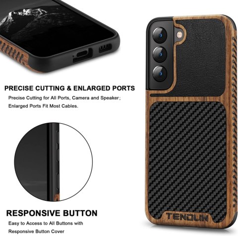 ETUI SAMSUNG GALAXY S22+ CASE BRĄZOWE CZARNE DREWNO EKOSKÓRA CARBON TENDLIN